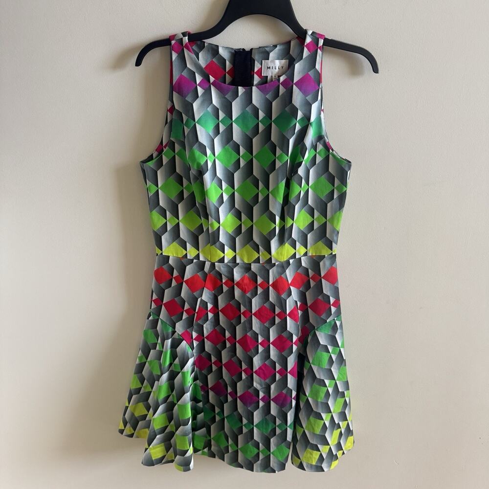 MILLY Cube Print Op-Art Geometric Neon Pleated Skater Dress Fit Flare Size 8 Mod